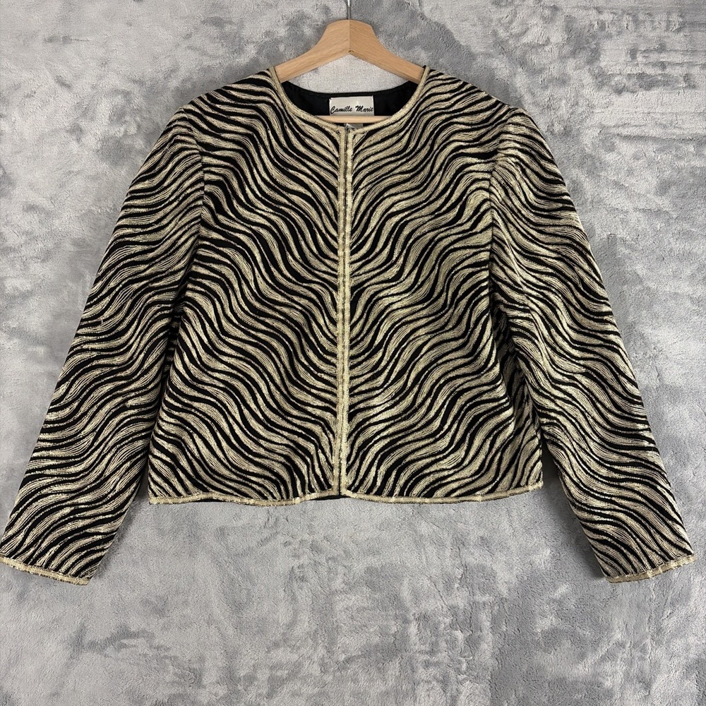 Vintage Camille Marie Metallic Gold Black 100% Silk Jacket Size Large